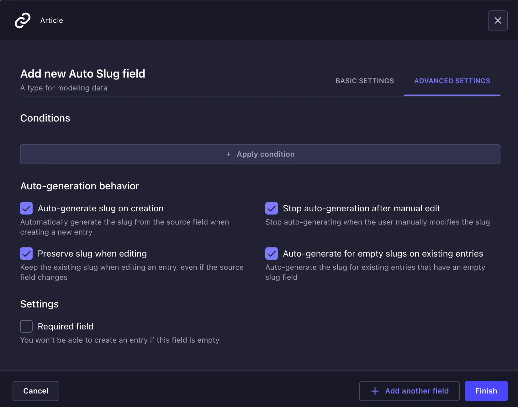 The Strapi Content-Type Builder dialog for adding an Auto Slug field, on the Advanced Settings tab, showing four auto-generation checkboxes and a required-field toggle.