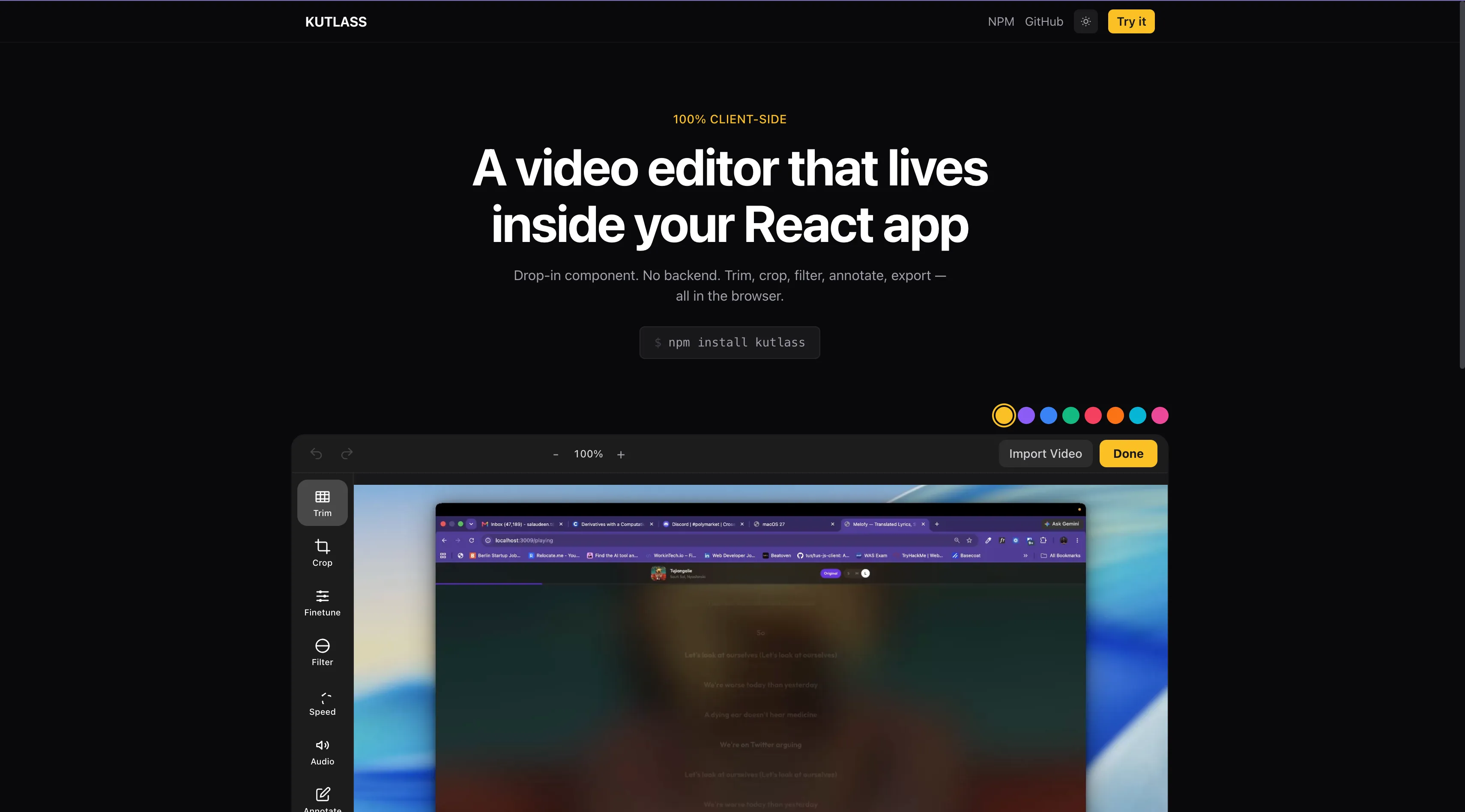 The Kutlass landing page, with the editor mounted below the headline showing a tool rail of Trim, Crop, Finetune, Filter, Speed, and Audio.