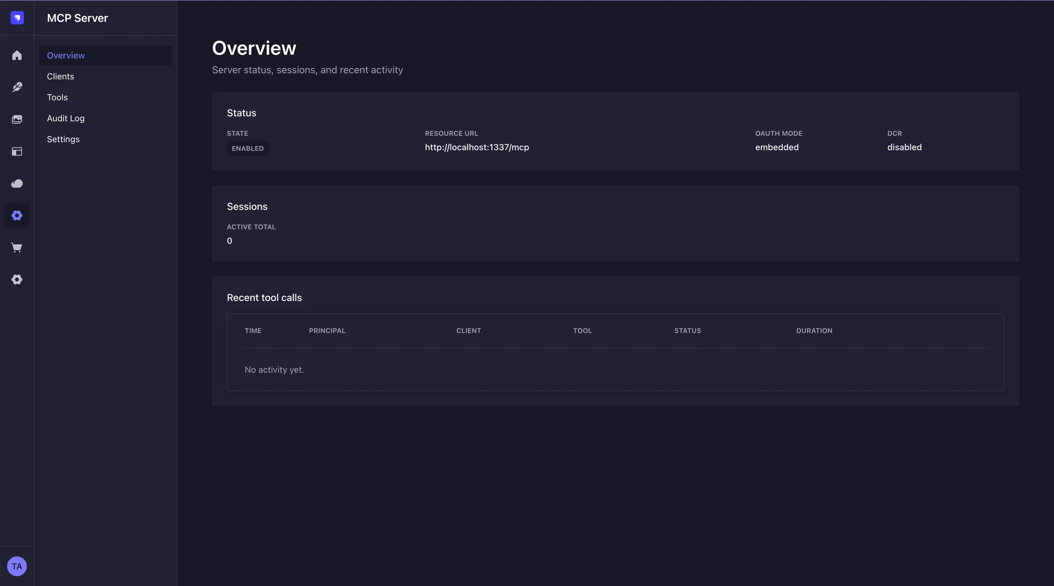 The MCP Server plugin Overview page inside the Strapi admin, with a sidebar of Overview, Clients, Tools, Audit Log and Settings, a status card, a session count, and an empty recent tool calls table.