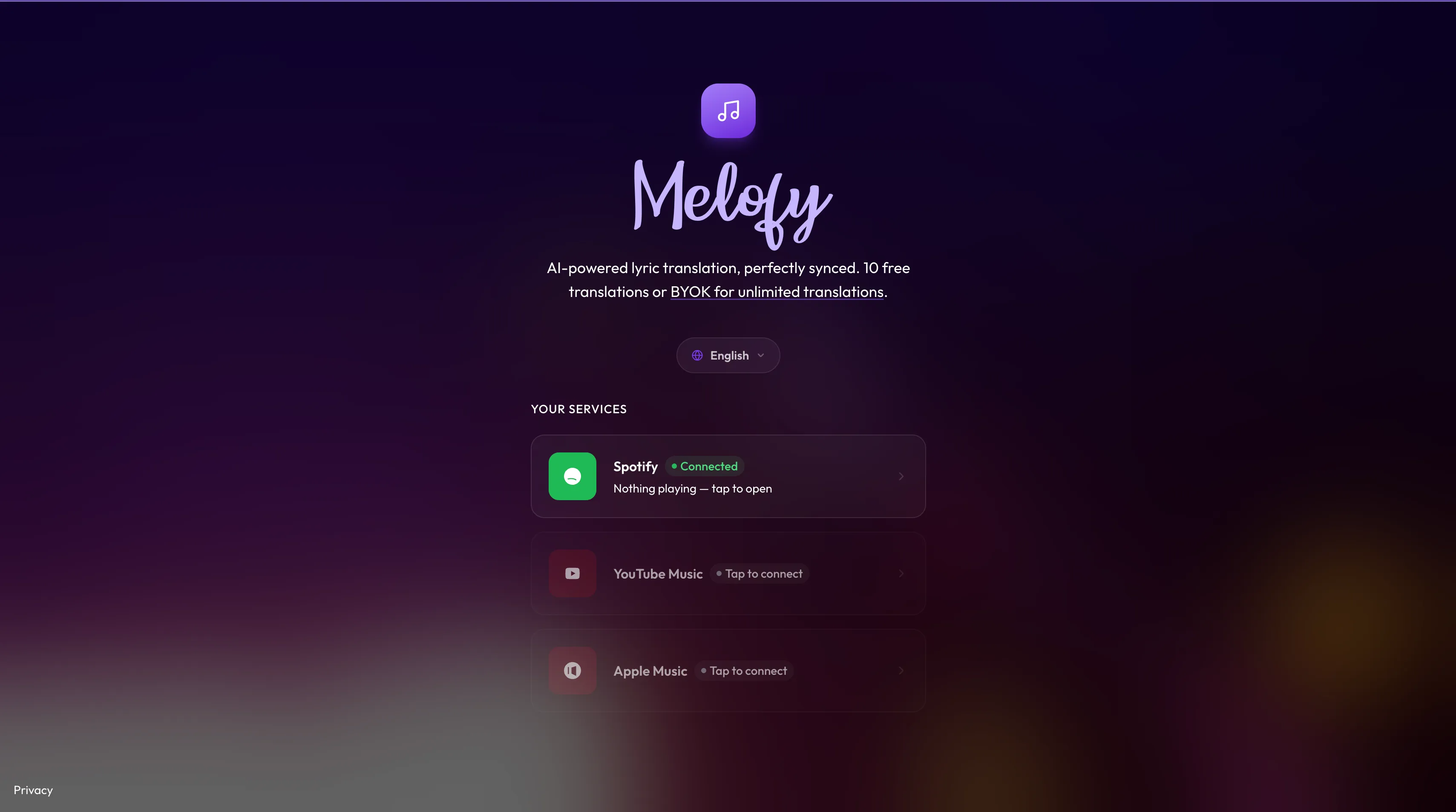 The Melofy home screen, with a language picker and buttons to connect Spotify, YouTube Music, and Apple Music.